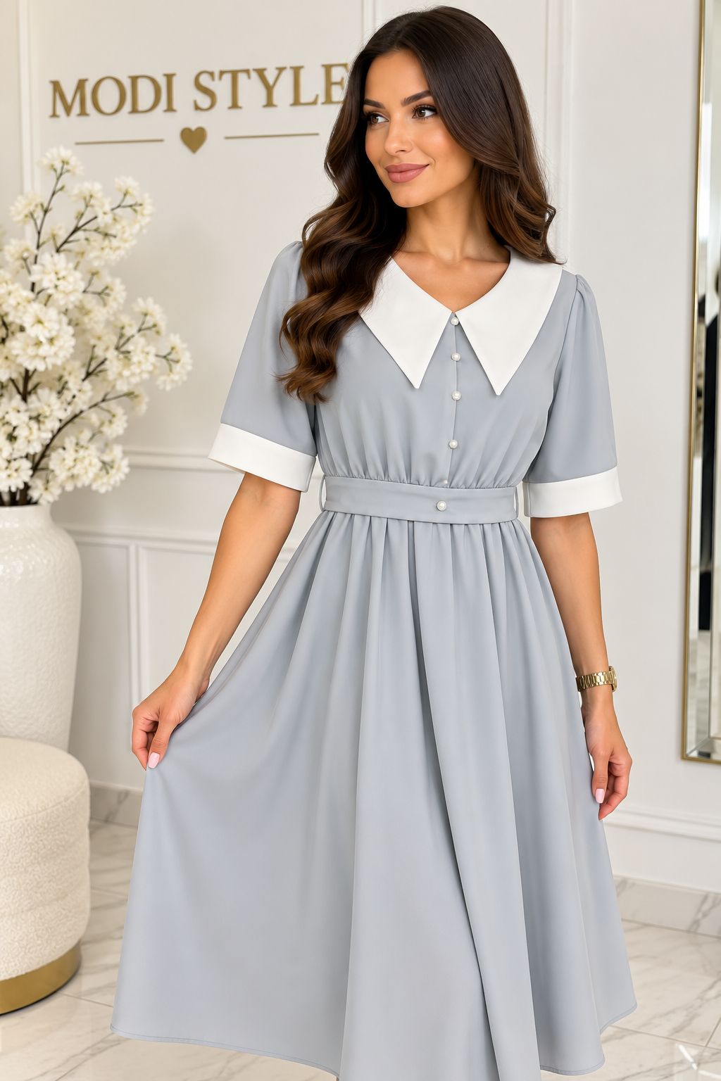Rochie elegantă cu guleraș gri