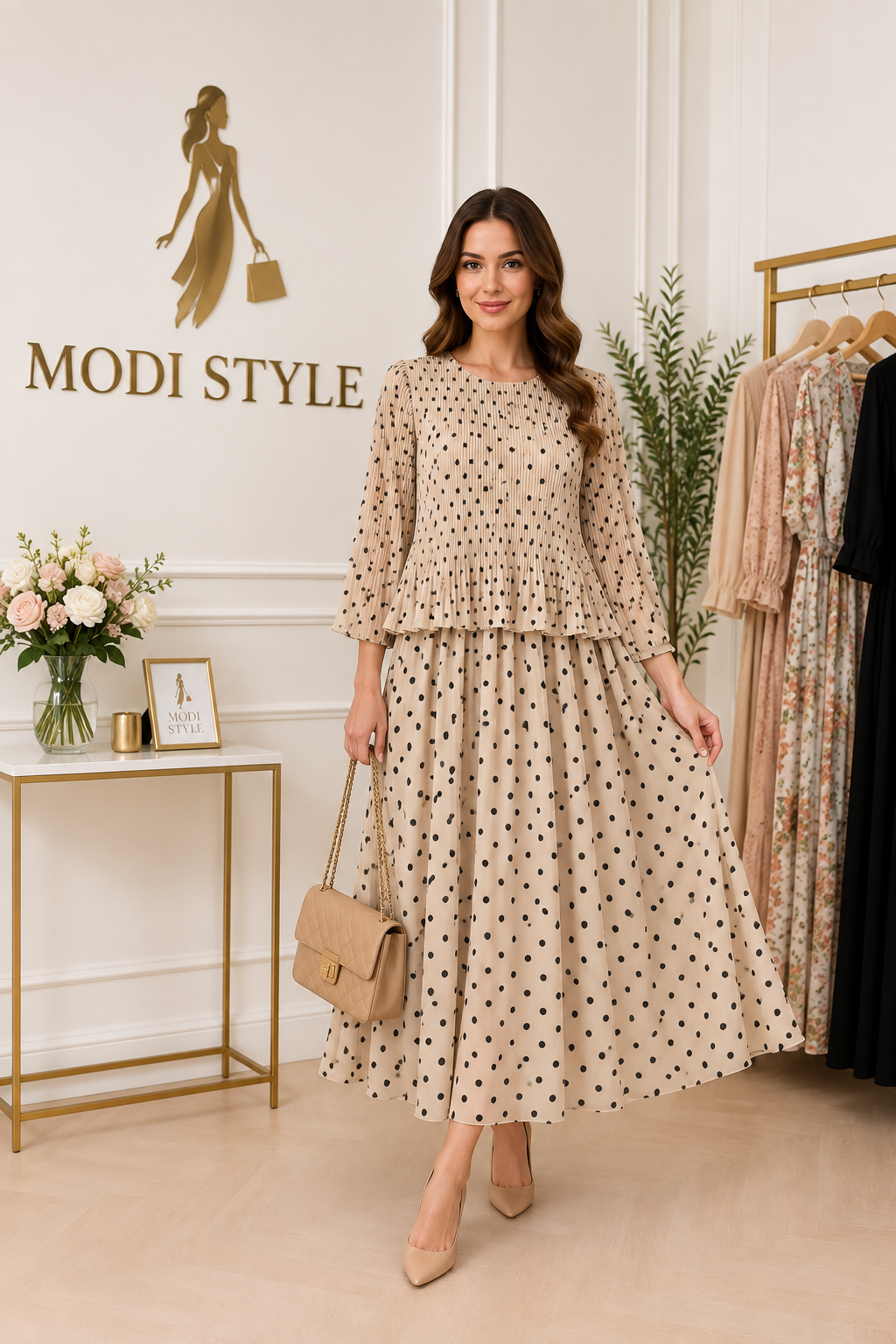 Rochie crem închis cu buline