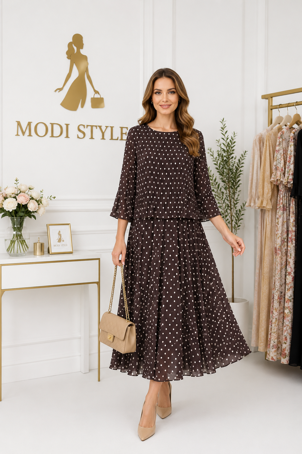 Rochie elegantă Monica cu buline -maro