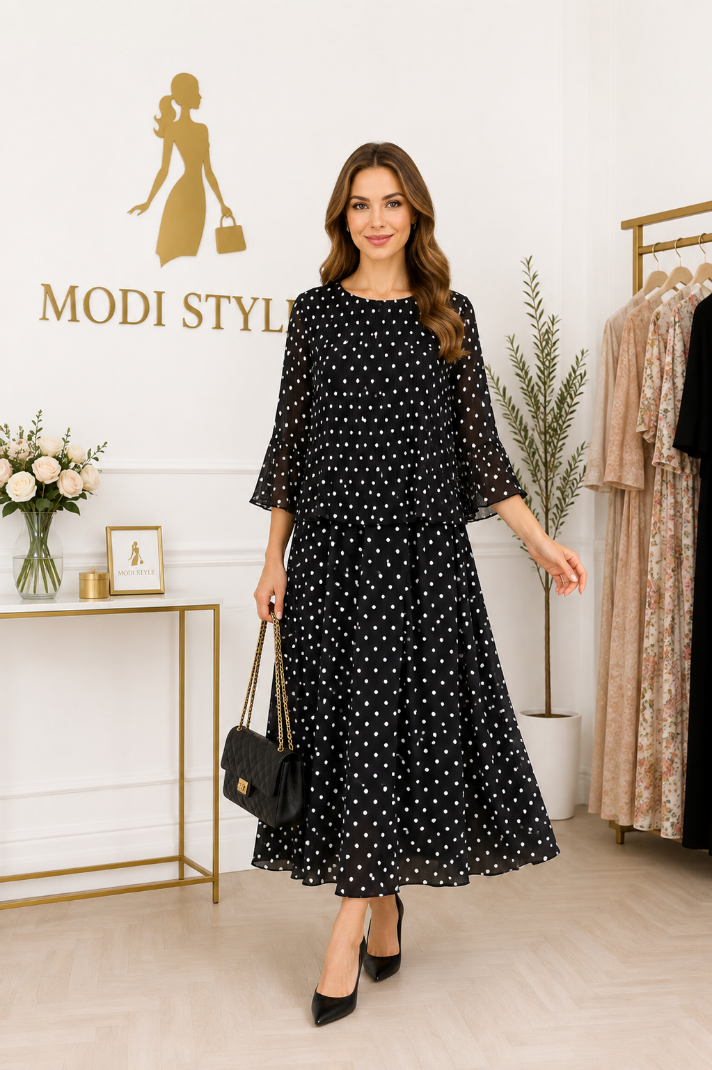 Rochie elegantă Roxi cu buline plisată sus-negru
