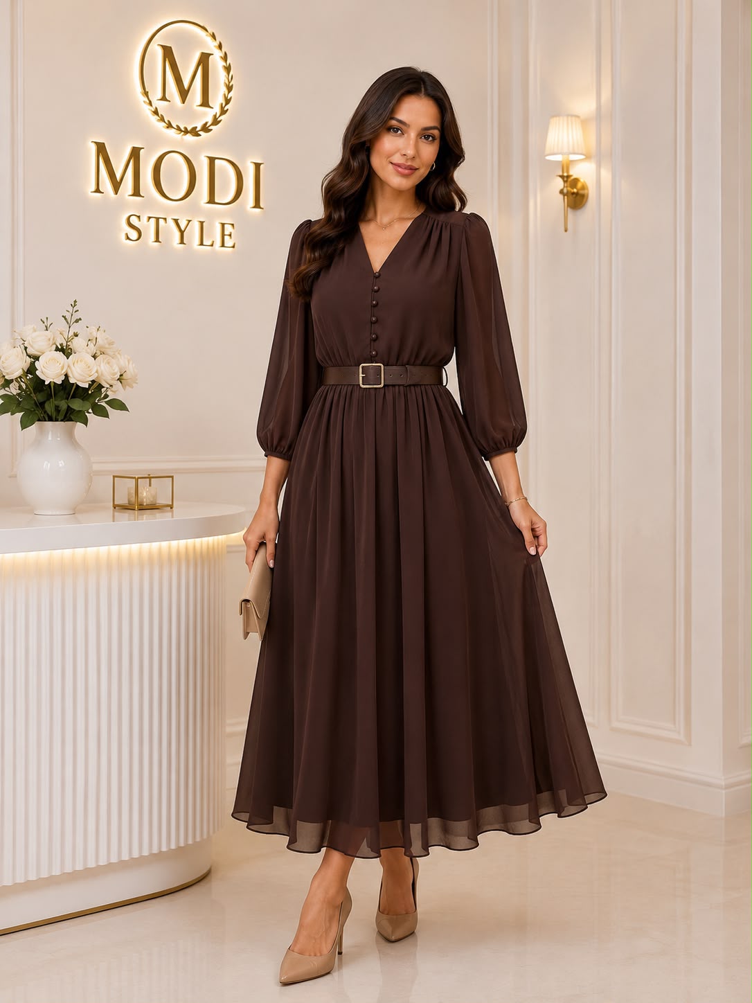 Rochie eleganta cu nasturi funcționalii-maro