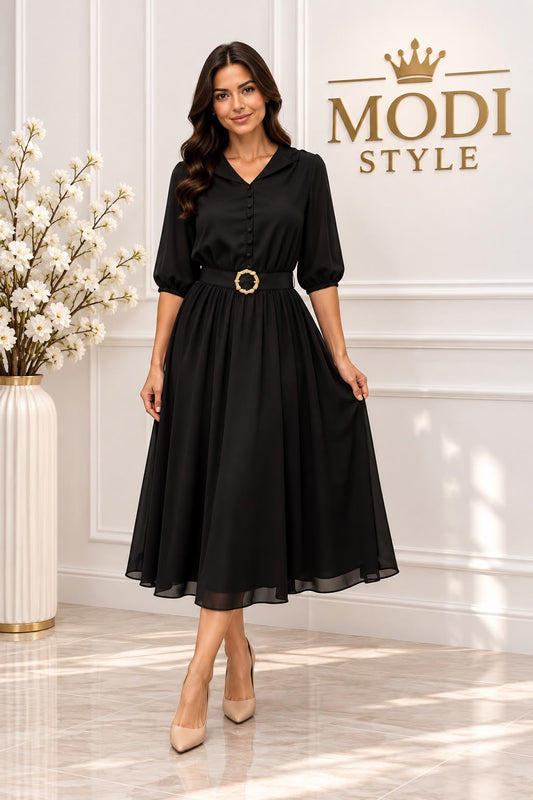 Rochie elegantă cu nasturi funcționali-negru