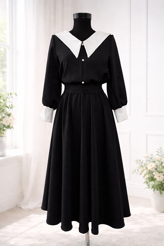 Rochie elegantă cu guleraș și manșetă