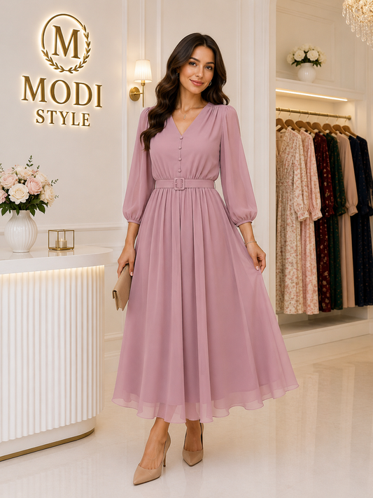Rochie elegantă cu nasturi funcționali-mov deschis