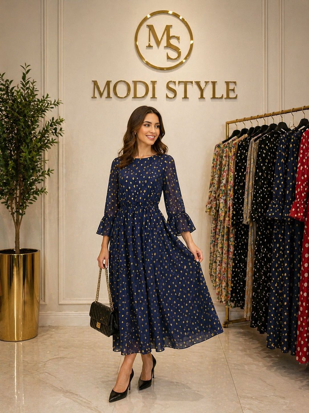 Rochie elegantă cu buline aurii